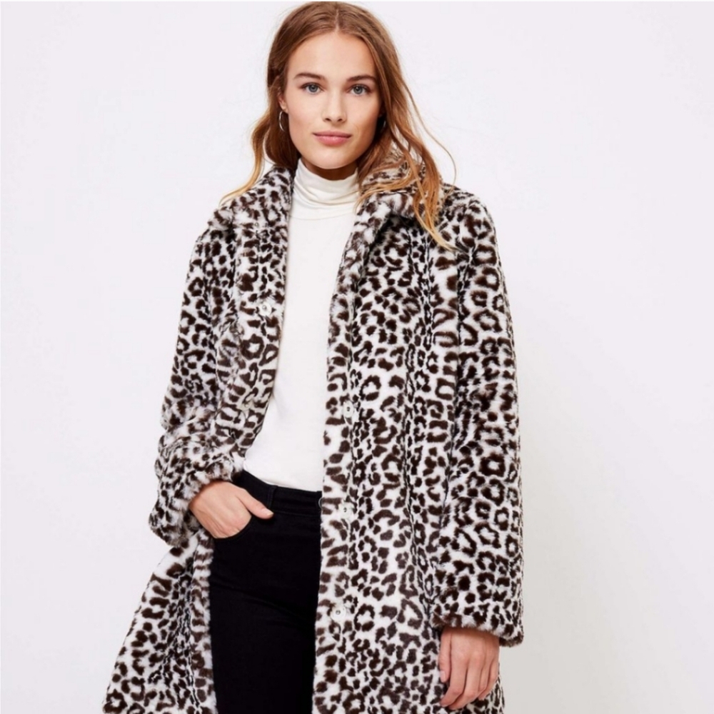 LOFT Brown White Super Soft Faux Fur Coat Leopard Animal Snap Front Pockets XS